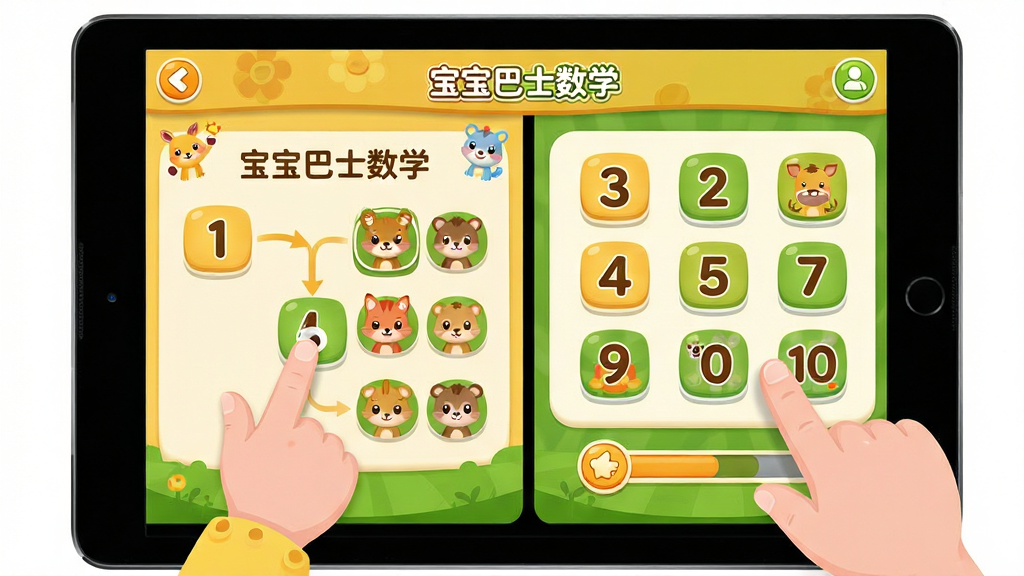 画面主体为“宝宝巴士数学”APP界面在平板电脑上展示,屏幕内显示一个互动游戏场景:小朋友用手指拖拽数字到对应数量的小动物旁边。布局为左屏展示题目,右屏为可拖拽数字区域,下方有卡通进度条。排版清晰,界面元素圆润可爱,色彩以温馨的暖黄色和草绿色为主。风格为扁平化儿童教育UI风格,细节包括数字卡片、小动物图标和鼓励动画。画质干净,无多余元素,屏幕上方有“宝宝巴士数学”logo。