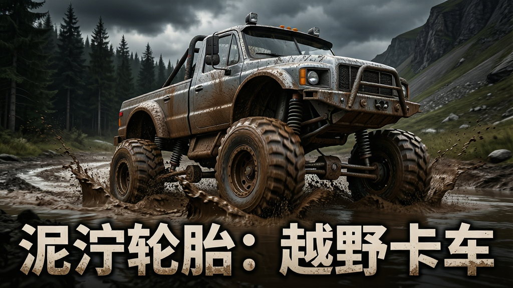 一张游戏宣传截图,画面中央是一辆改装过的重型越野卡车,车身沾满棕色泥浆,正奋力驶过一个巨大的水坑,泥水四溅。背景是阴暗的森林和陡峭的山坡,天空乌云密布,整体氛围粗犷而写实。画面下方有游戏标题“泥泞轮胎:越野卡车”,字体粗犷有力,带有磨损泥土质感。构图以车辆侧面45度角为主,强调轮胎纹理与悬挂系统的细节,画质极高,光影真实,干净无多余元素。