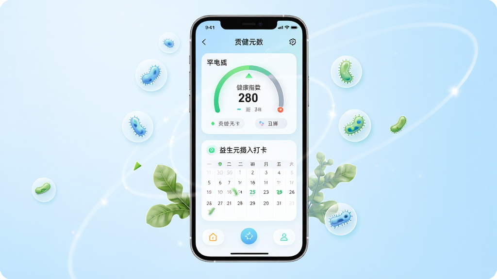 画面主体为贡健元APP的智能手机界面特写,手机悬浮于浅蓝色渐变背景中央,屏幕内显示健康指数仪表盘和益生元摄入打卡日历,界面设计简洁现代,布局采用对称构图,周围环绕着微小的益生菌图标和绿叶植物元素,整体风格清新明快,细节包含柔和的光影反射和圆润的卡片UI,画质高清干净,无多余杂物