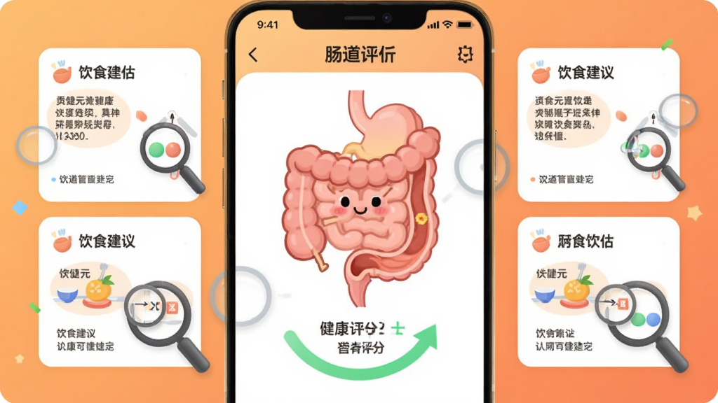 贡健元APP的肠道评估结果页面占据画面主体,展示卡通化的肠道剖面图与健康评分环,左右两侧分布着饮食建议卡片,背景为暖橙色渐变,布局采用左右分栏式设计,风格为扁平化插画风,细节处有放大镜图标突出分析感,整体色调柔和,画质干净清晰,无多余元素