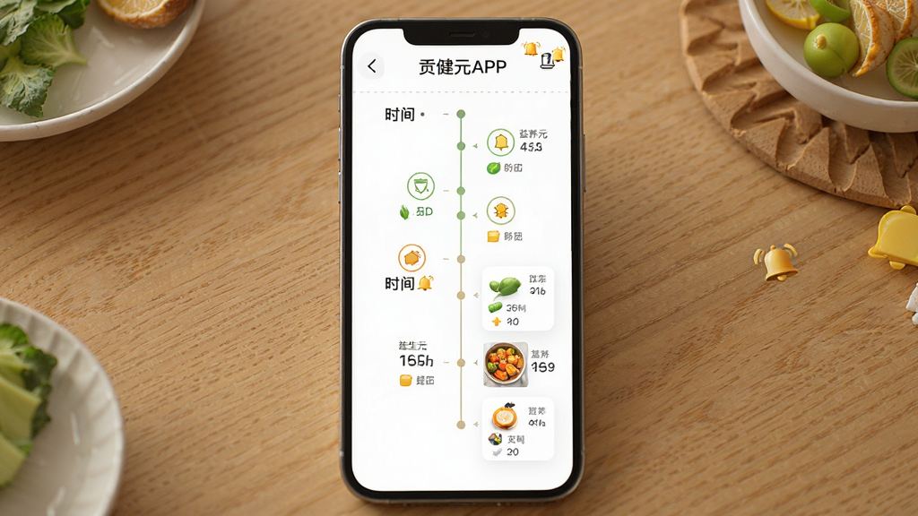 贡健元APP的方案推荐页面占据视觉中心,屏幕中展示一周的益生元补充时间轴和食物搭配示例图,背景为木质感桌面质感,布局采用纵向时间线设计,风格为实物摄影与UI结合风格,细节处标注了营养成分图标和提醒铃铛,画质细腻真实,整体干净无杂乱