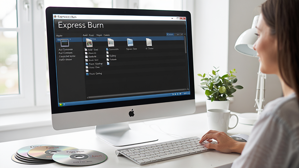 Express Burn 使用场景图,用户正在电脑前操作刻录软件,屏幕上显示添加文件列表,手边摆放着几张光盘,整体环境明亮整洁,风格写实自然,画质高清,突出软件名称“Express Burn”