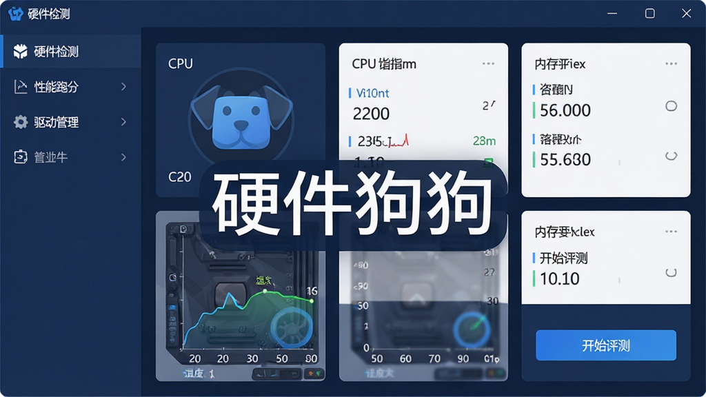 一张硬件狗狗软件主界面的高清预览图,主体是深蓝色调的电脑硬件检测软件窗口,左侧列表显示“硬件检测”、“性能跑分”、“驱动管理”等菜单,右侧展示CPU、主板、内存等硬件参数卡片,布局整齐清晰,排版采用扁平化设计风格,细节包含实时温度曲线与“开始评测”按钮,画质清晰干净,无多余元素,图片中央有“硬件狗狗”字样