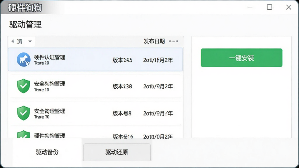 硬件狗狗驱动管理功能的界面预览图,主体是硬件狗狗软件的“驱动管理”页面,左侧是驱动列表,右侧是“一键安装”按钮,每个驱动条目后有“版本号”和“发布日期”,列表下方有“驱动备份”和“驱动还原”两个选项卡,布局清晰,风格清爽,细节包括一个绿色盾牌图标表示安全认证,画质干净无多余元素,图片左上角有“硬件狗狗”字样