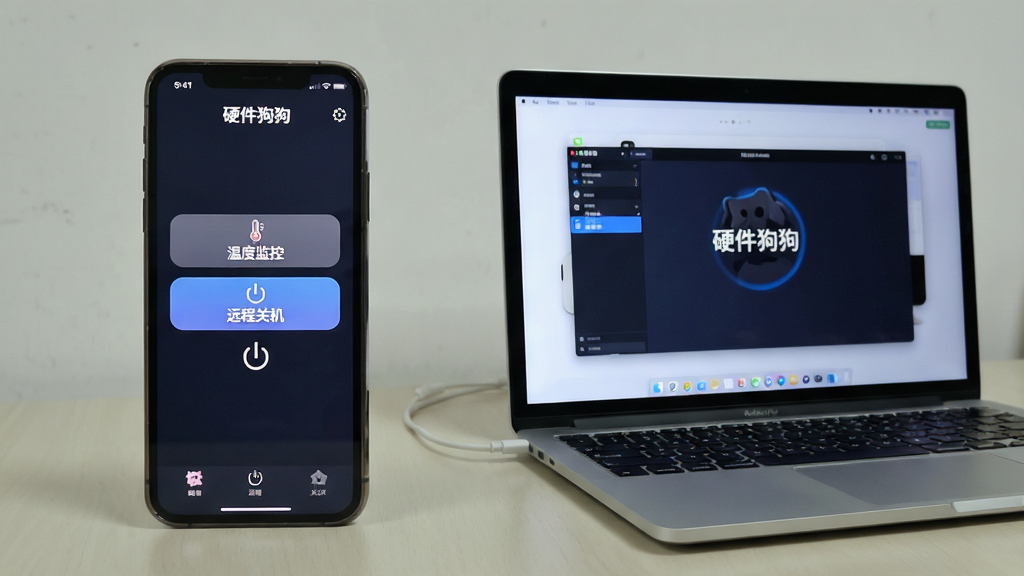 硬件狗狗软件在手机上使用的场景图,主体是一部智能手机屏幕显示硬件狗狗App的界面,屏幕上有“温度监控”和“远程关机”按钮,手机旁边放着一台笔记本电脑,屏幕亮着显示同一软件的电脑端界面,布局为左右对比排版,风格写实清晰,细节包括手机与电脑屏幕中都有“硬件狗狗”字样,画质干净无多余元素