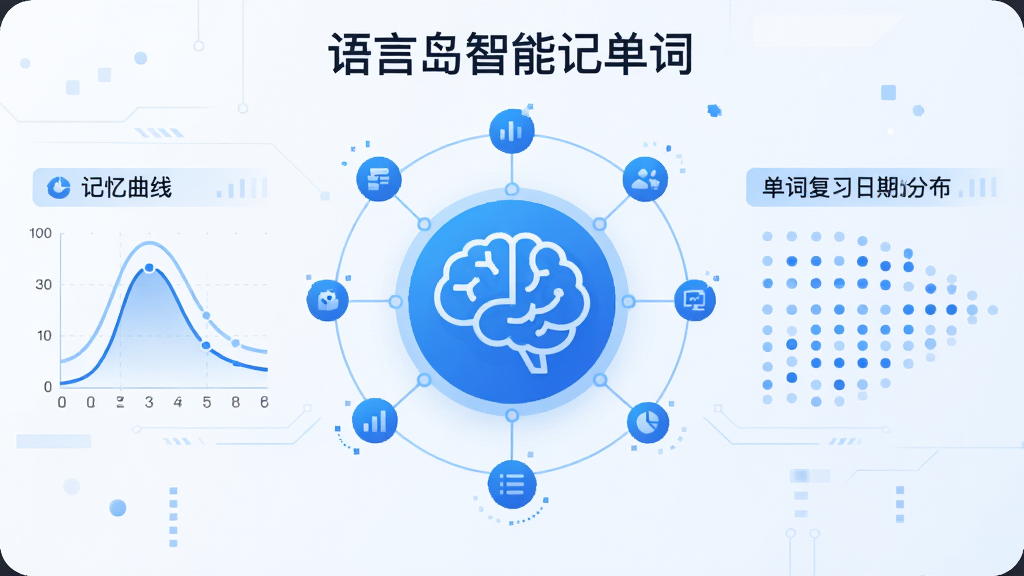 画面主体为“语言岛智能记单词”的智能算法示意图,中心是一个大脑图标,周围环绕着数据节点和曲线图,左侧显示“记忆曲线”图表,右侧是单词复习日期分布点阵,整体布局科技感强,蓝色调为主,排版清晰,扁平化风格,细节包含“语言岛智能记单词”字样,画质高清,干净无多余元素