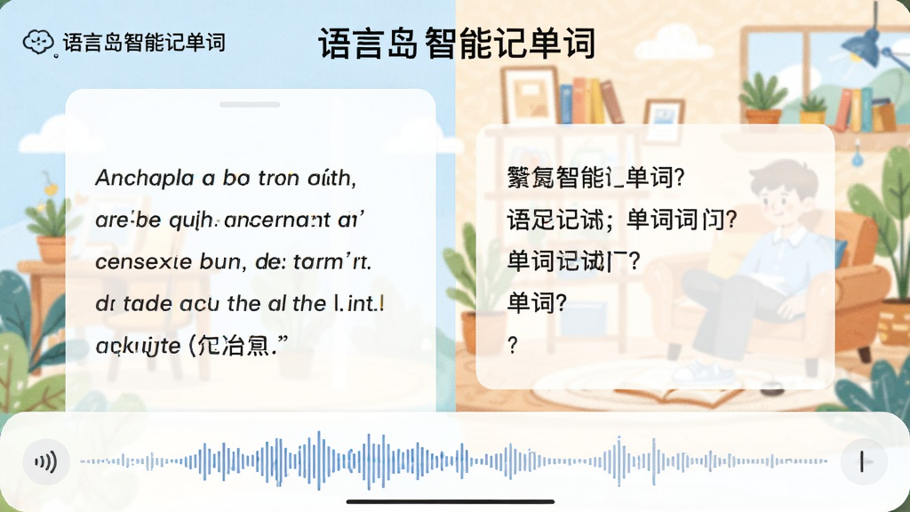 画面主体为“语言岛智能记单词”的语境学习界面,左侧显示英文例句,右侧是对应的中文翻译,底部有发音波形图,背景融入生活场景插图,整体布局分栏清晰,排版舒适,插画风格,细节包含“语言岛智能记单词”文字,画质清晰,干净无多余元素