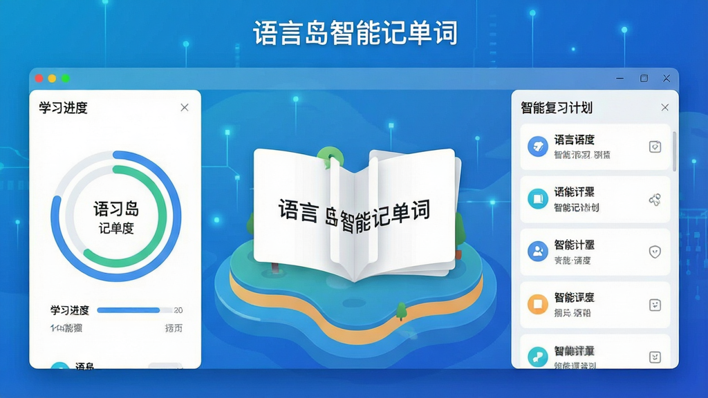 画面主体为“语言岛智能记单词”软件界面平铺展示,背景是渐变的蓝色科技感岛屿,主界面中央显示单词卡片翻转动画,左侧有学习进度环形图,右侧为智能复习计划列表,整体布局对称清晰,排版整洁,扁平化设计风格,细节包含中文“语言岛智能记单词”文字标识,画质高清,干净无多余元素