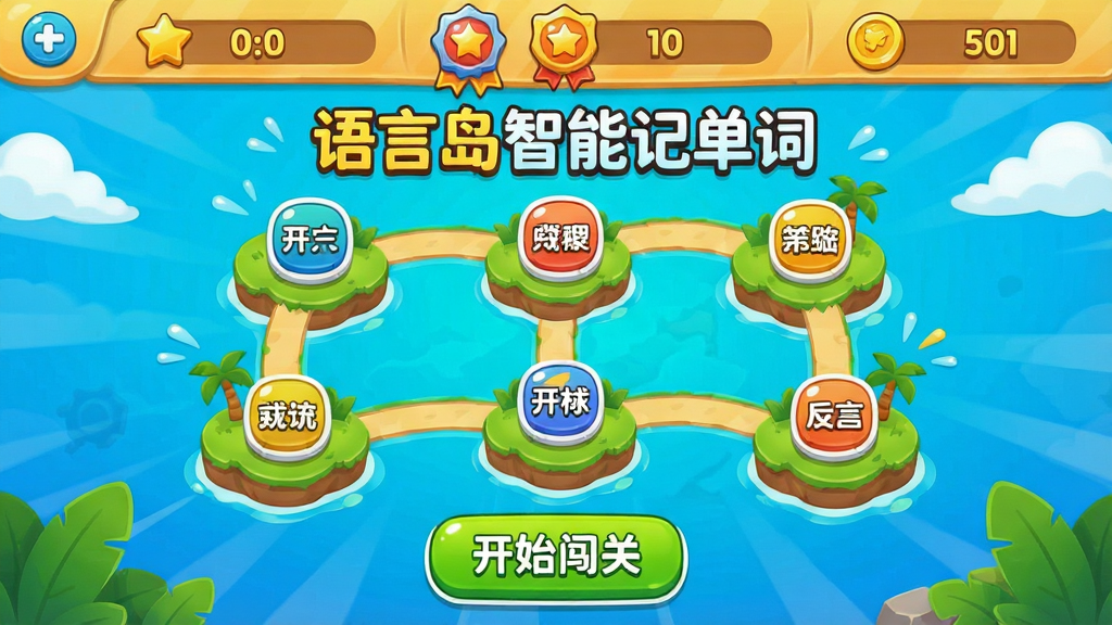 画面主体为“语言岛智能记单词”的游戏化闯关界面,中央是关卡地图,一个个岛屿节点,每个节点上有单词图标,顶部显示成就徽章和金币数量,底部有“开始闯关”按钮,整体布局卡通活泼,色彩鲜艳,排版富有动感,细节包含“语言岛智能记单词”字样,画质高清,干净无多余元素
