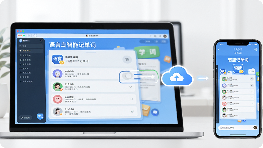 画面主体为“语言岛智能记单词”的使用场景,左侧是一台笔记本电脑,屏幕显示软件学习界面,右侧是一部手机,同样显示学习界面,中间有云同步图标,背景明亮简洁,布局左右对称,排版干净,风格写实,细节包含“语言岛智能记单词”文字,画质清晰,干净无多余元素