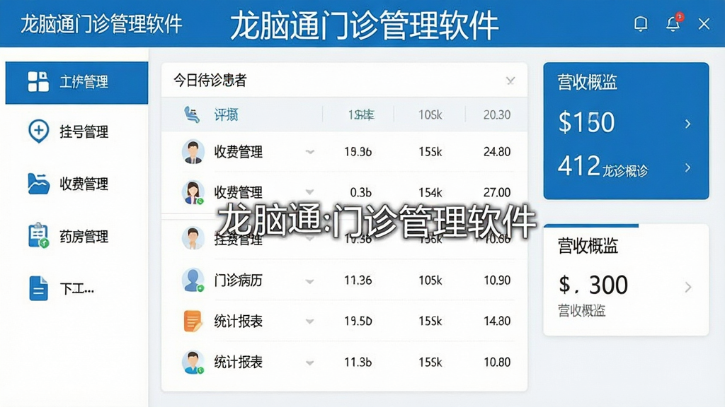 一张展示龙脑通门诊管理软件主界面的高清截图,界面布局清晰,左侧功能导航栏包含挂号管理、收费管理、药房管理、门诊病历、统计报表等图标,中央为今日待诊患者列表与营收概览卡片,整体风格简约商务,采用蓝白主色调,画质干净,无多余元素,文字标注“龙脑通门诊管理软件”。