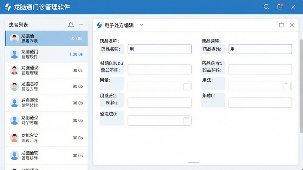 展示龙脑通门诊管理软件工作台界面,布局为左右分栏,左侧为患者列表,右侧为电子处方编辑区域,包含药品名称、用量、用法等输入框,界面现代简洁,蓝白配色,高分辨率,画质干净,无多余元素,文字标注“龙脑通门诊管理软件”。