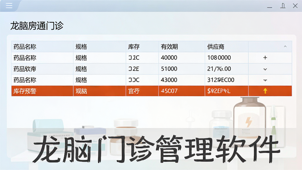 展示龙脑通门诊管理软件的药房库存管理界面,界面以表格形式展示药品名称、规格、库存数量、有效期、供应商等信息,库存预警行用醒目标记,背景柔和,界面清晰,高画质,无多余元素,文字标注“龙脑通门诊管理软件”。