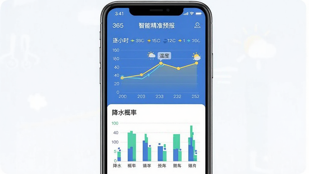 365气象预报软件功能预览图,主体为手机竖屏界面,展示逐小时温度折线图及降水概率柱状图,布局采用上下排列,排版清晰有序,风格为扁平化设计,细节标注“智能精准预报”文字,画质干净无多余元素