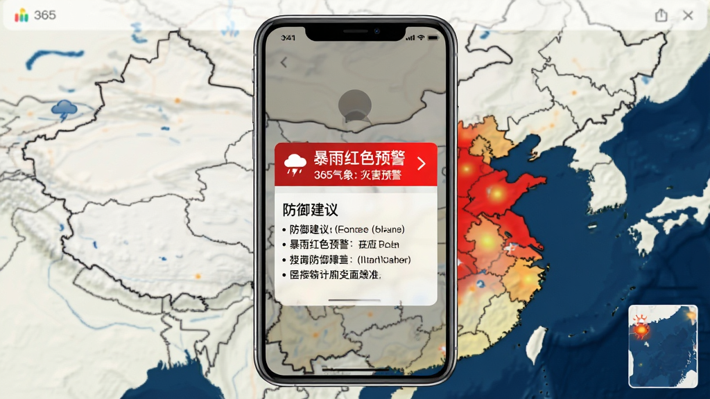 365气象预报灾害预警界面示意图,主体为手机界面弹出红色预警横幅,背景地图标注受影响区域,布局居中构图,排版简洁醒目,风格写实,细节包含“暴雨红色预警”文字及防御建议列表,画质清晰干净