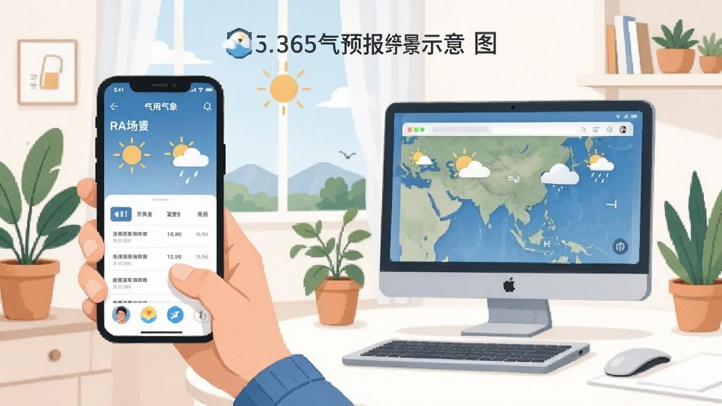 365气象预报使用场景示意图,主体为一名用户正在手机和电脑前查看天气,布局采用场景插画风格,排版自然,细节展示软件界面与操作动作,画质干净无多余元素
