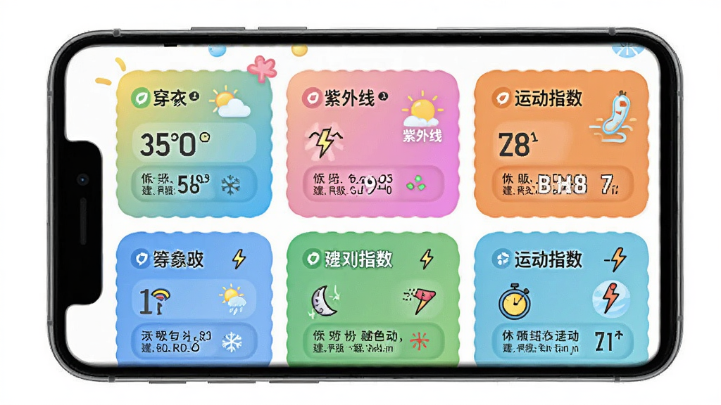 365气象预报生活指数展示效果图,主体为手机界面,以彩色卡片形式展示穿衣、紫外线、运动指数,布局采用宫格排列,排版活泼明快,风格清新卡通,细节标注指数等级与建议文字,画质干净无多余元素
