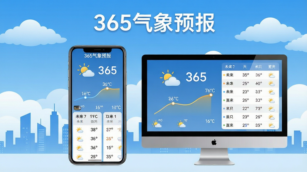 主视觉展示365气象预报软件界面,主体为手机与电脑双屏并排布局,屏幕内清晰显示当日天气图标、温度曲线及未来7日预报列表,排版以左右对称方式呈现,背景采用蓝天白云与城市剪影风格,细节突出软件名称“365气象预报”字样,画质干净无多余元素