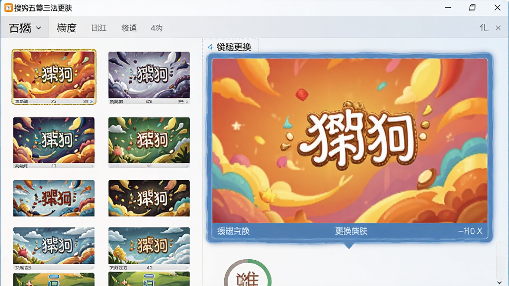 搜狗五笔输入法皮肤更换界面,展示多种皮肤预览缩略图,界面色彩丰富,风格活泼,细节突出当前选中皮肤的预览大图,画质清晰无多余元素