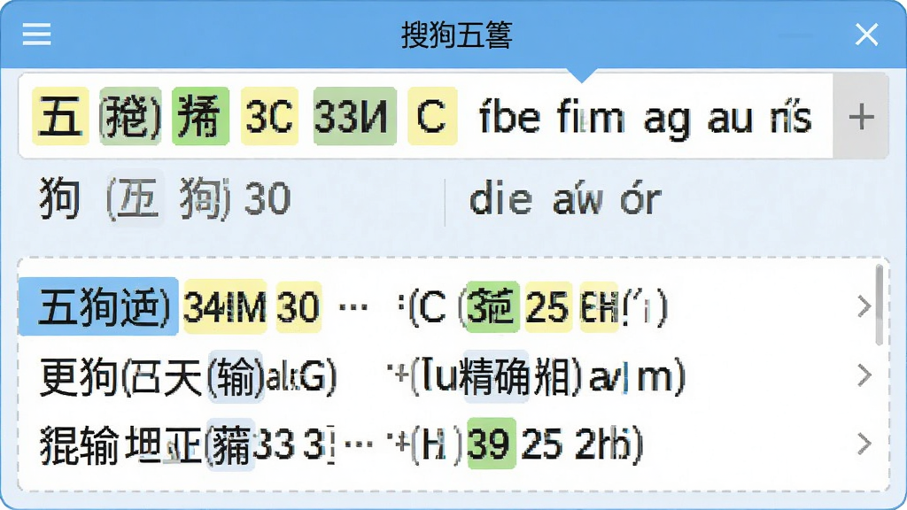 搜狗五笔输入法混输功能演示图,显示输入栏中同时呈现五笔编码与拼音,候选词精确匹配,布局为上下对比样式,风格清晰直观,细节展示编码高亮,画质明亮干净