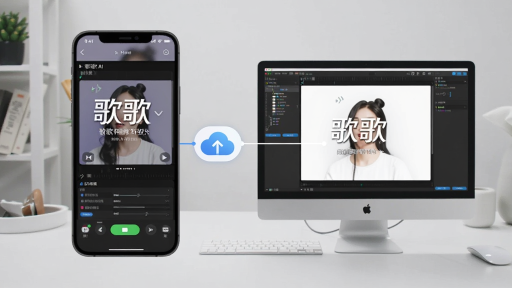 一张展示歌歌AI写歌在手机和电脑上同步使用的场景图,左侧是手机界面,右侧是电脑模拟器界面,两者通过云同步图标连接,背景为浅灰色的工作台环境,画面清晰自然,突出跨设备无缝创作的便捷性,无多余元素