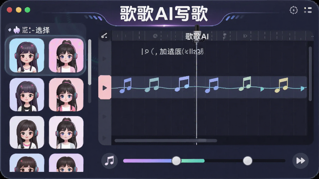 歌歌AI写歌软件AI人声合成功能界面预览图,界面展示虚拟歌手选择列表,包含多个卡通形象,中央是歌词与音符对齐的编辑轨道,下方有音色调节滑块,整体风格可爱且富有科技感,界面干净,突出“歌歌AI写歌”品牌字样,画质清晰