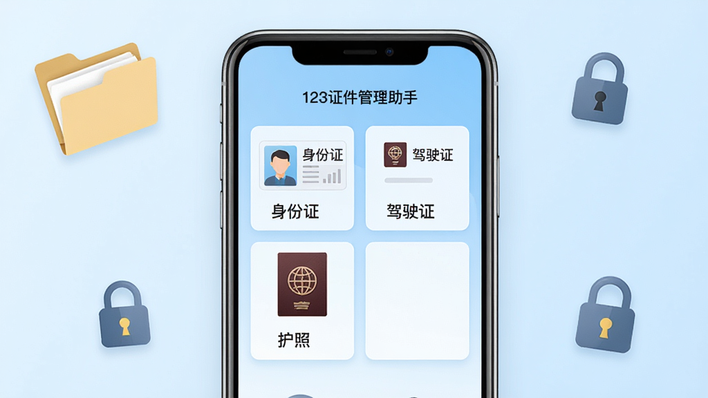 一张手机屏幕展示123证件管理助手主界面的高清图片,界面清晰显示“身份证”、“驾驶证”、“护照”等分类卡片,背景为浅蓝色渐变,整体风格简洁明亮,手机居中摆放,周围配以文件夹和锁形图标点缀,画质干净,无多余元素。