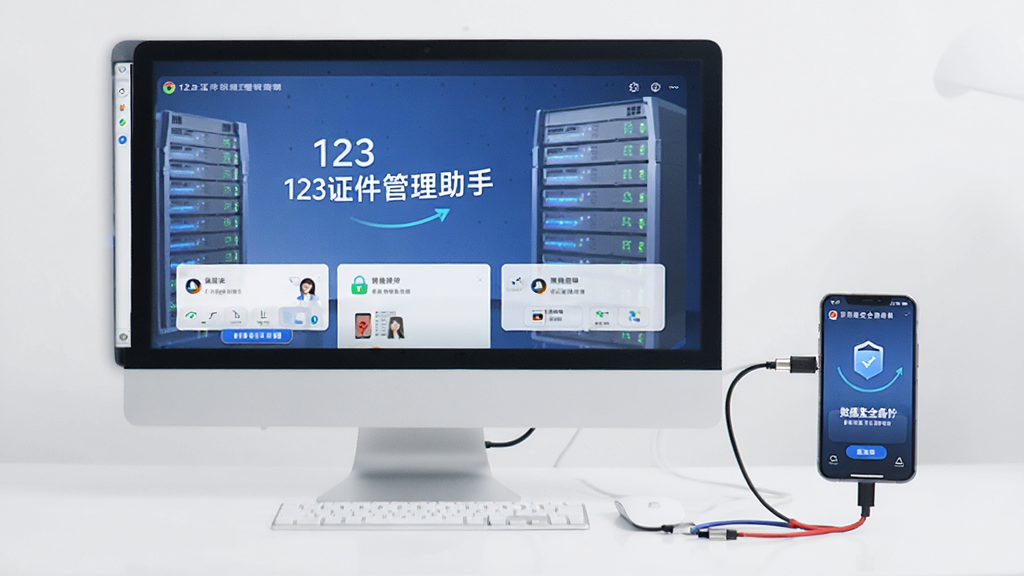 一张电脑屏幕显示模拟器运行123证件管理助手的画面,旁边有数据线连接手机,示意数据同步场景,背景简洁,画质清晰,主题突出“数据安全备份”。