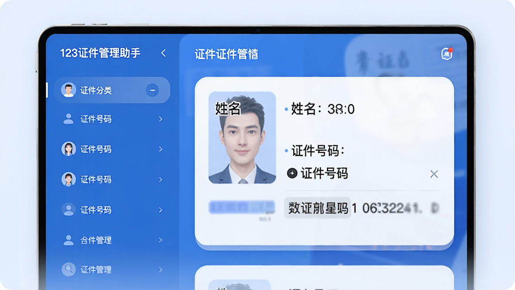 123证件管理助手应用界面展示,左侧为证件分类列表,右侧为证件卡片详情,卡片上清晰标注“姓名”、“证件号码”等示例信息,界面采用蓝色主题色调,卡片设计圆润,背景干净整洁,细节丰富,高清画质。