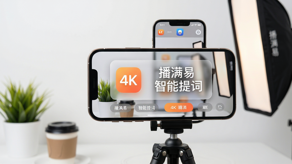 主体:一款名为“播满易”的手机提词器软件界面悬浮在智能手机屏幕上方,手机横放在专业补光灯与三脚架之间,背景是简洁明亮的居家直播间。布局:画面中心为手机屏幕特写,屏幕内显示清晰醒目的提词文字滚动界面,文字内容为“播满易 智能提词”,软件界面采用半透明毛玻璃效果,悬浮于相机预览画面之上。排版:手机居中偏右,左侧留白处放置小型绿植与咖啡杯增加生活气息,右侧是柔光箱边缘。风格:写实产品宣传图风格,光线柔和通透,色彩明快清新。细节:屏幕中提词文字锐利清晰,软件图标圆润带有橙色渐变,界面按钮精致,手机金属边框反光自然。画质:4k超清,干净,无多余元素,突出软件专业与易用性。