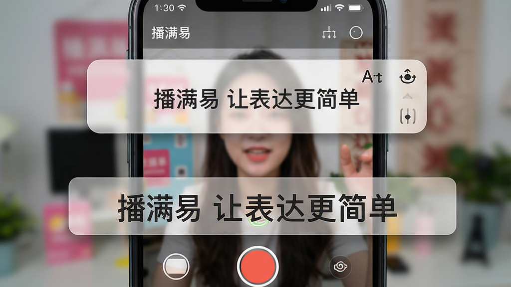 主体:智能手机屏幕特写,正在使用“播满易”悬浮提词功能录制视频,前景是清晰可见的半透明提词文字条。布局:手机全屏显示拍摄界面,底部为录制按钮,上方三分之一处悬浮着长条形提词器窗口,窗口内文字为“播满易 让表达更简单”。排版:提词悬浮窗采用圆角矩形设计,边缘有细微阴影,文字居中排列,背景为模糊的直播间场景。风格:UI界面截图风格,高清写实,色彩鲜艳真实。细节:悬浮窗上可见调整字体大小和滚动速度的小图标,手机状态栏显示电量与时间,画面干净无杂乱元素。画质:超清,干净,无多余元素,突出产品功能特点。