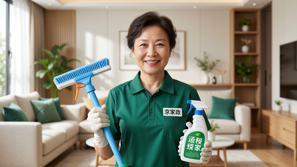 画面主体为一位身着统一绿色制服、佩戴“京家政”工牌的保洁阿姨,正面微笑站立,双手拿着专业的清洁工具与环保清洁剂。背景是明亮整洁的现代客厅,沙发、茶几一尘不染。构图采用居中对称式布局,人物清晰,细节丰富,画质高清,整体风格阳光温馨,无多余元素。