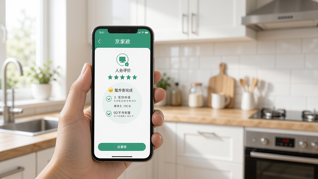 一幅展示手机端京家政app使用场景的图片,画面中一只手握住智能手机,屏幕上显示服务完成后的评价页面,带有五星好评界面,旁边是整洁明亮的厨房背景。整体风格真实自然,光线柔和,画质高清,无多余元素。