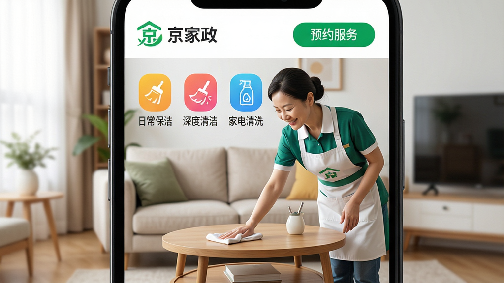 画面主体为一款名为“京家政”的智能手机应用界面,屏幕中央显示一个温馨整洁的客厅场景,一位面带微笑、穿着统一制服的保洁阿姨正在擦拭茶几。界面顶部有“京家政”绿色logo和“预约服务”按钮,下方清晰排列着“日常保洁”、“深度清洁”、“家电清洗”等彩色图标。整体布局清爽,app风格现代简约,以白色和绿色为主色调,画质高清,细节丰富,无多余元素。