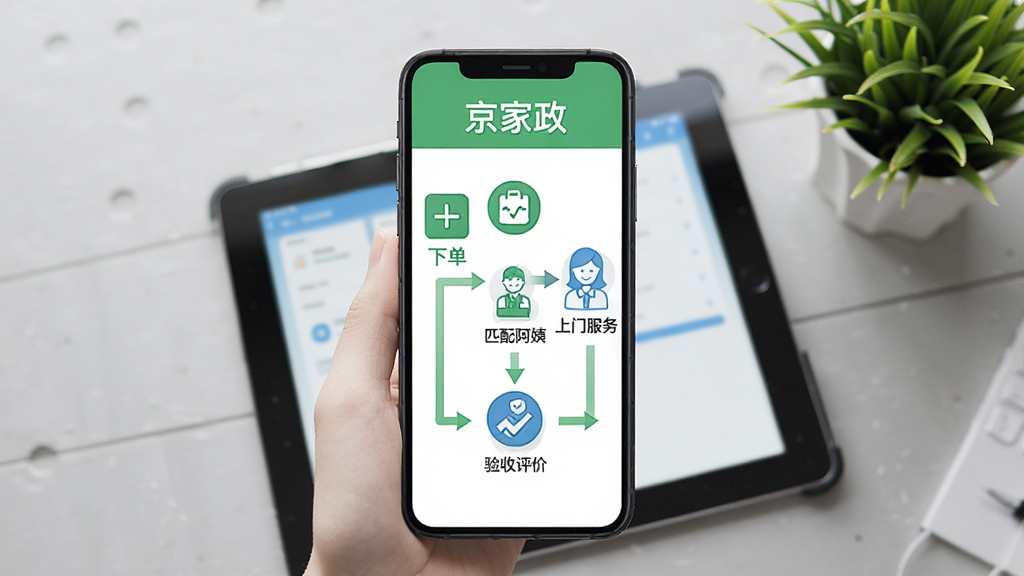画面主体为手机屏幕上显示的“京家政”服务流程图,以简洁的图标和箭头展示从下单、匹配阿姨、上门服务、验收评价的完整步骤。背景为浅灰色工作台,上面摆放着平板电脑和绿色植物。整体布局清晰,风格扁平化,以绿色和蓝色为主色调,画质干净,无多余元素。