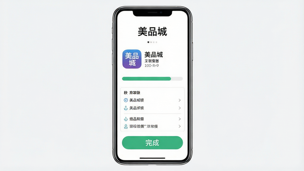 一张展示美品城APP安装步骤的科普图,主体是智能手机屏幕上的安装进度条和