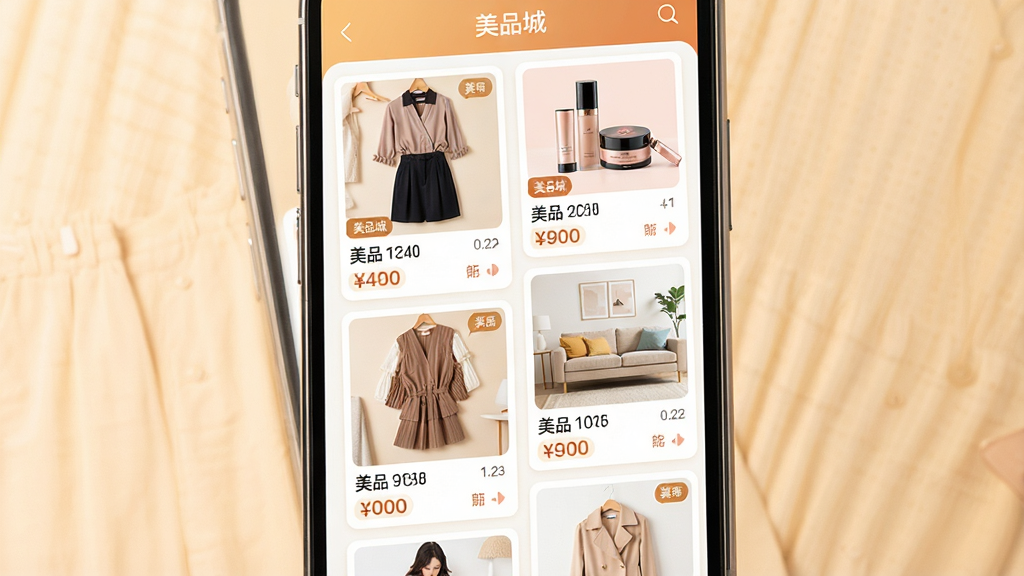 一张手机屏幕展示美品城APP界面的高清宣传图,主体是精美的商品瀑布流布局,包含服饰、美妆、家居等品类卡片,排版错落有致,整体风格清新明亮,采用暖色调背景,画面干净整洁,细节丰富,展示APP内商品图片和价格标签,文字标有