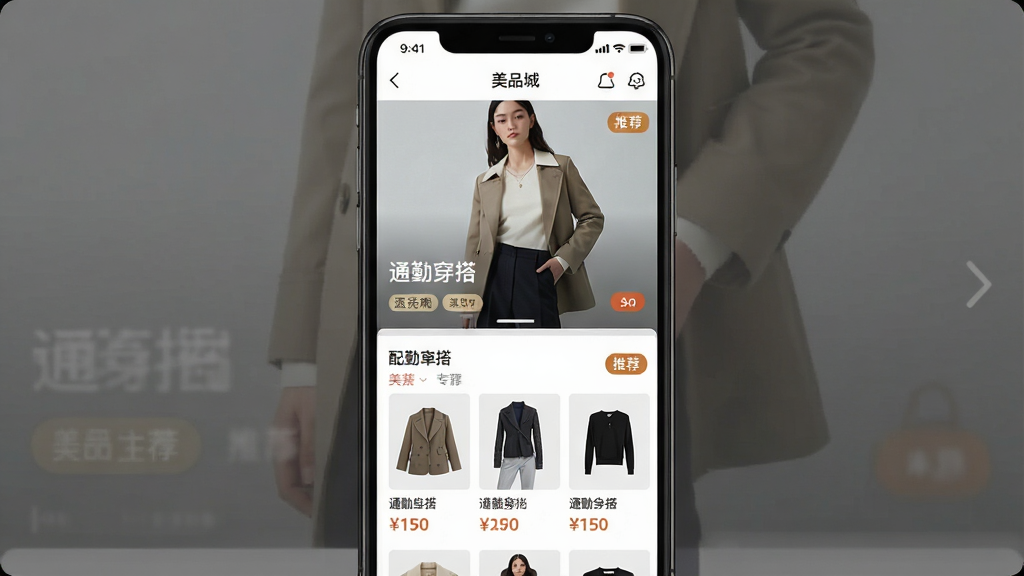一张展示美品城APP场景化购物功能的界面截图设计,主体是手机界面中