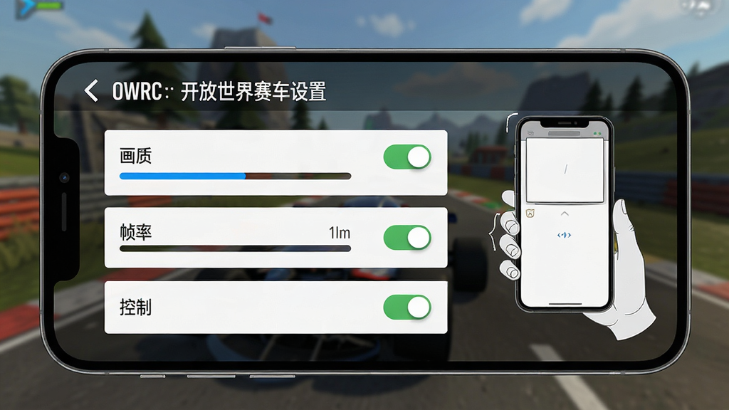 一张手机屏幕显示OWRC:开放世界赛车设置界面的截图,界面上有“画质”、“帧率”、“控制”等选项,旁边有手机竖握的示意图,界面简洁,背景为模糊的游戏场景,风格干净清晰,细节展示各项设置开关,画质高清,无多余元素