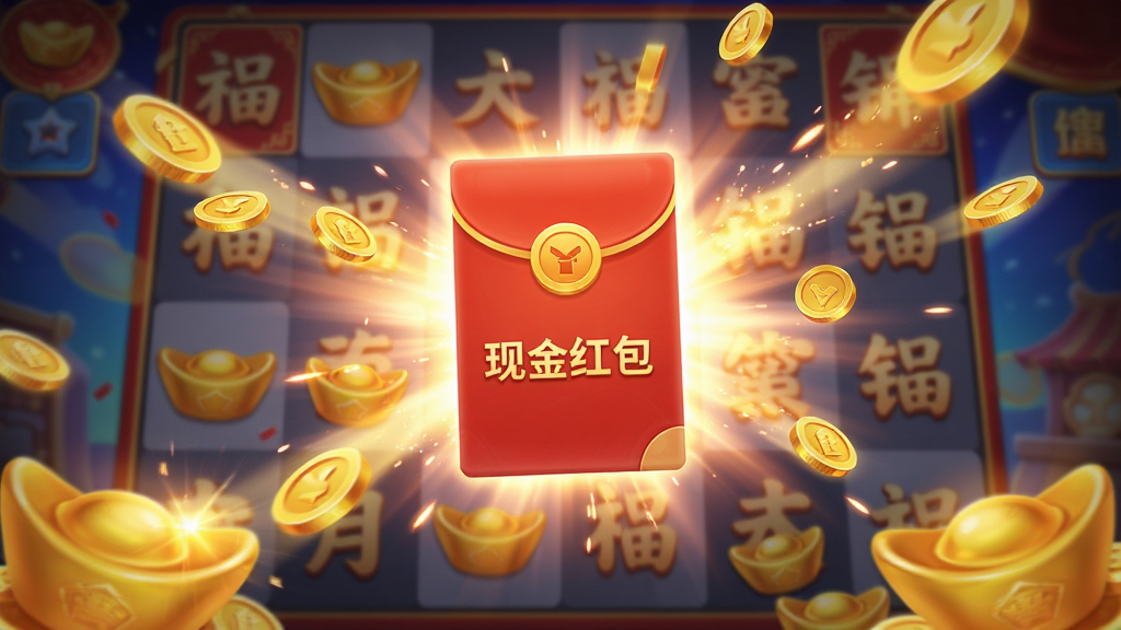游戏界面中央弹出红色红包开启动画,周围散落着金币和元宝特效,背景是游戏合成棋盘,红包上写有“现金红包”字样,画面喜庆热闹,光影效果强烈,风格明亮,细节丰富,画质高清