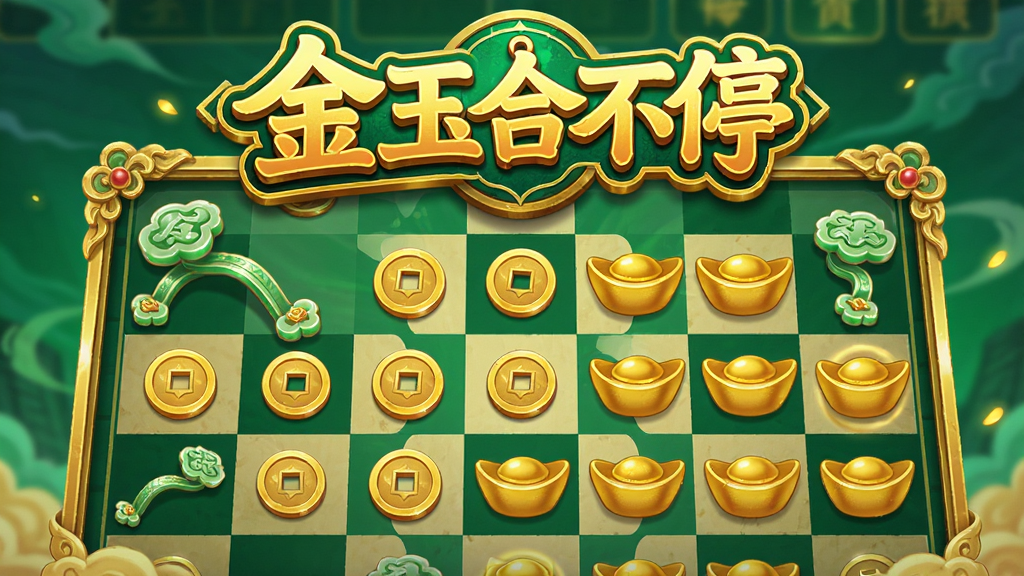 画面中心展示游戏主界面,金色与翠绿色调为主,界面上方有“金玉合不停”Logo字样,下方是整齐排列的玉如意、铜钱、金元宝等合成元素,棋盘格布局,UI清晰,风格明亮精致,插画风格,细节丰富,高清画质,干净无多余元素
