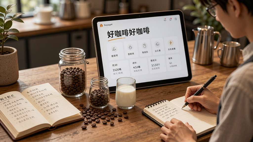 好咖啡好咖啡配方研发界面,展示操作台上摆放多种咖啡豆与牛奶,旁边有配方书,角色正在记录笔记,色调温暖,细节丰富,画质清晰,干净无多余元素