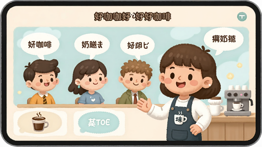 好咖啡好咖啡顾客互动界面,画面展示多种卡通顾客形象,头顶显示需求气泡,主角微笑服务,界面布局清晰,色彩柔和,细节生动,画质干净,无多余元素