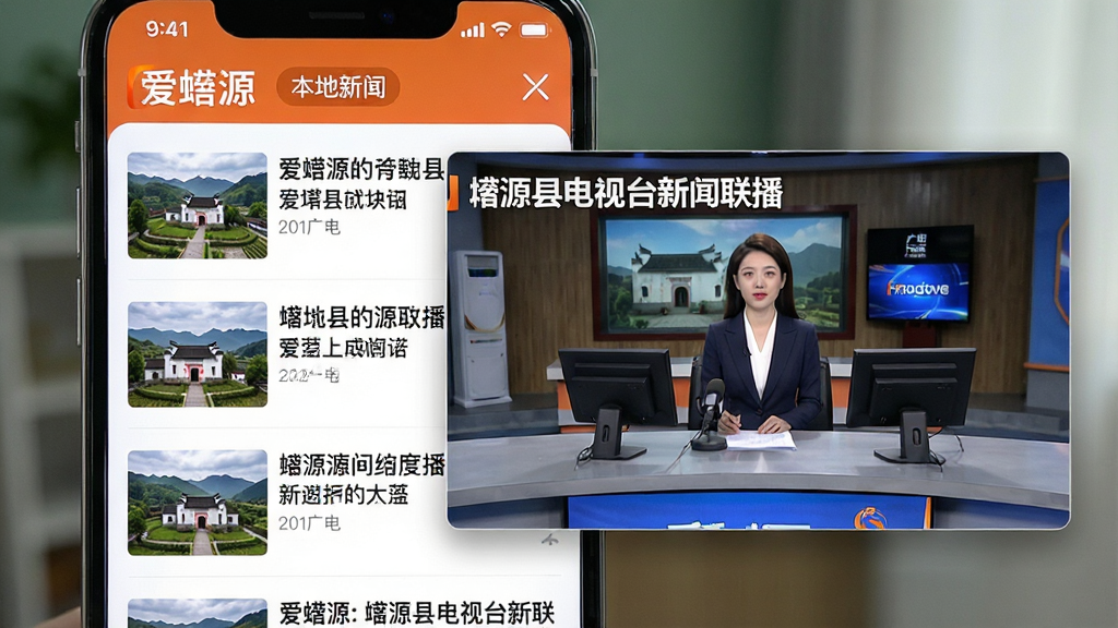 手机屏幕上展示“爱婺源”的新闻资讯列表,每条新闻配有缩略图与标题,其中一条被放大显示为“婺源县电视台新闻联播”画面,背景为婺源县广电大楼演播厅,主播台前有话筒与提词器,界面顶部有“爱婺源”橙色logo与“本地新闻”标签,整体为新闻类APP常见排版,风格写实,光影自然,画质高清新净,无多余元素。