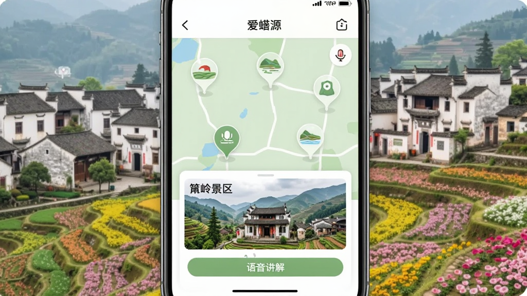 手机应用“爱婺源”打开地图导览页面,地图上标注多个婺源景点图钉,底部弹出“篁岭景区”的详情卡片,包含实景照片与“语音讲解”按钮,背景为徽派建筑与梯田花海,地图风格为浅绿色系,整体界面简洁,图标清晰,画质柔和明亮,干净无多余元素。