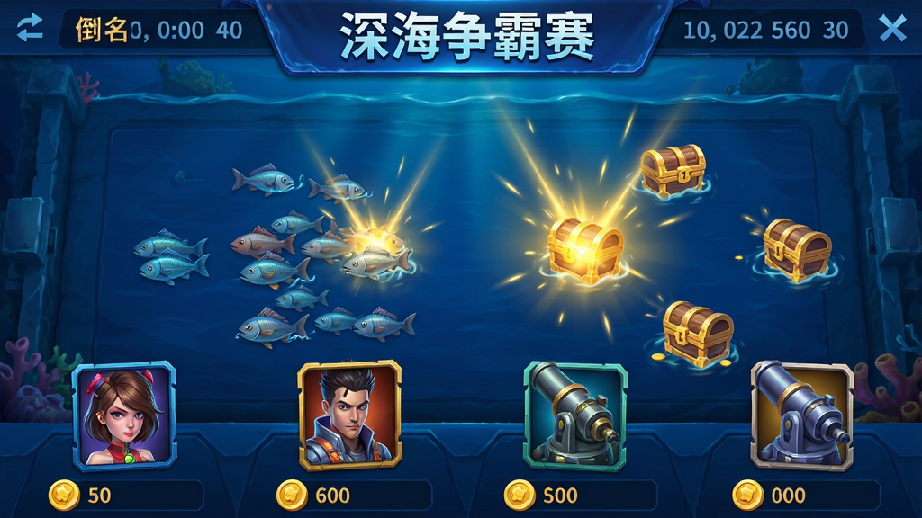 多人竞技赛事房间界面,上方显示倒计时和当前排名,下方排列四名玩家角色头像,各自拥有独立的炮台和金币栏,中央海面不断涌出鱼群和宝箱,金色的特效光效表示捕获成功,界面以深蓝色为主,强调竞技感,文字