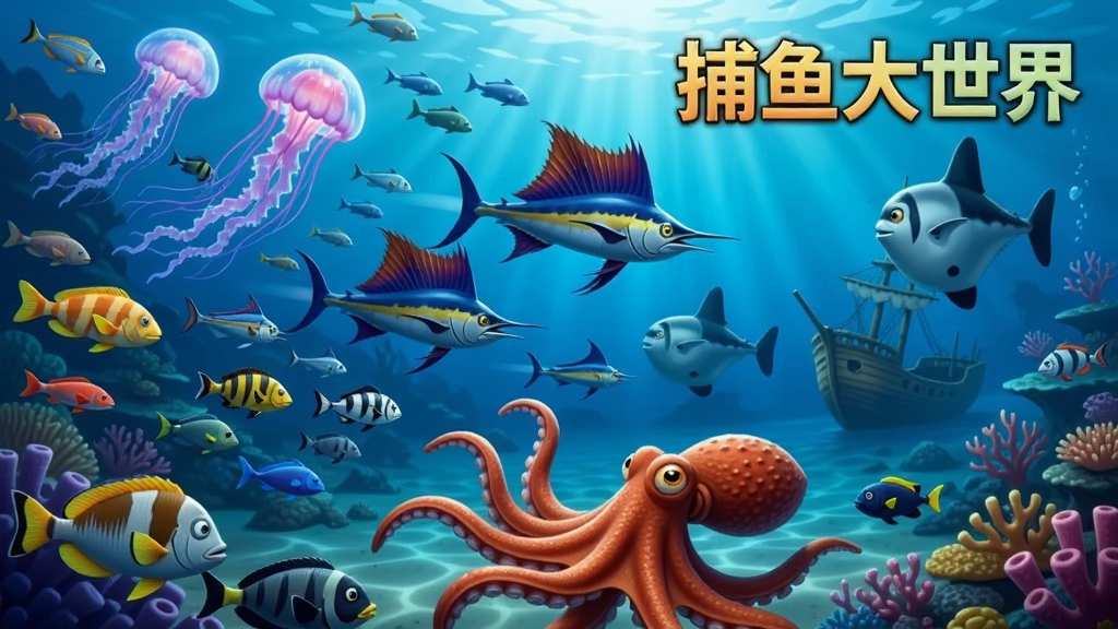 一片广阔的海底景观,各种鱼类成群结队从左侧游向右侧,包括发光的水母群、快速穿梭的旗鱼、笨重的翻车鱼,远景有沉船和珊瑚礁,近景中央一条巨大的章鱼伸出触手,画面动态感强,光线通透,色彩丰富,文字