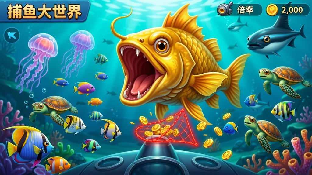 画面中央一条巨大的金色巨龙鱼张开大嘴,周围环绕着五彩斑斓的热带鱼群、水母、海龟和翻车鱼,玩家视角是一艘深海潜艇,炮口发出绚丽的红色渔网,捕捉到大量金币,画面采用高饱和度的蓝绿色海底色调,游戏UI界面清晰显示炮台倍率和金币数量,文字标注