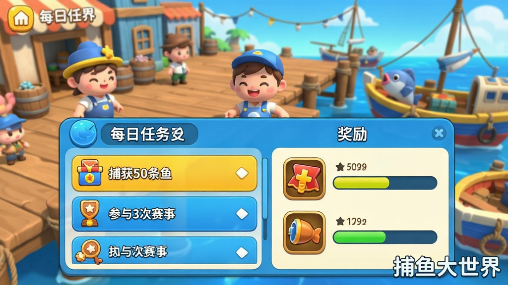游戏主界面下方弹出任务面板,左侧显示每日任务列表,如