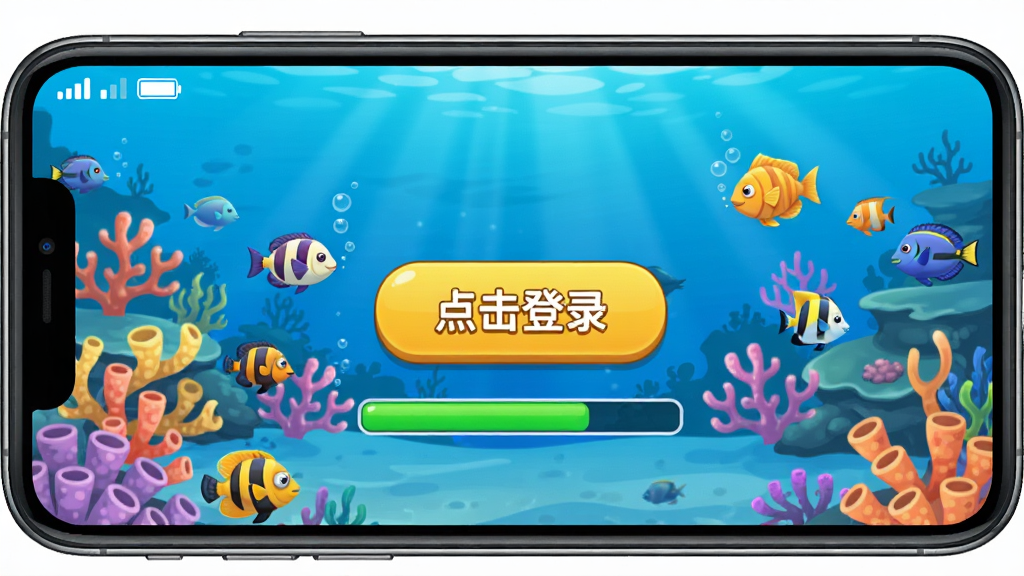 手机屏幕显示捕鱼大世界游戏登录界面,背景是蔚蓝的海底场景,有珊瑚和鱼群,中央有一个黄色按钮